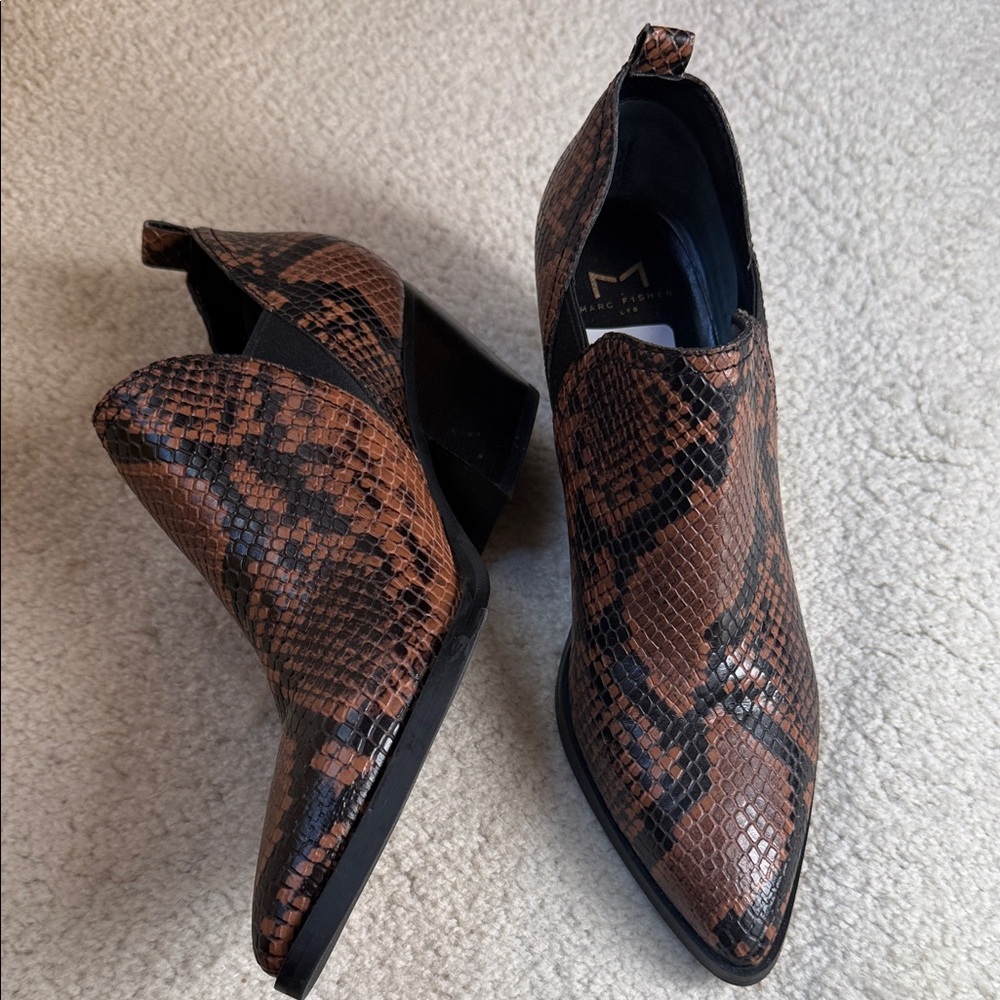 Marc Fisher Black and Brown Snake Print Ankle Boots